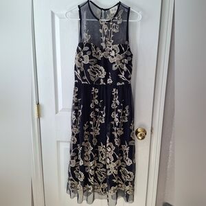 Beige By eci Womens Sz 4 Navy Dress Taupe Gold Embroidery MIDI Mesh Party Sheer